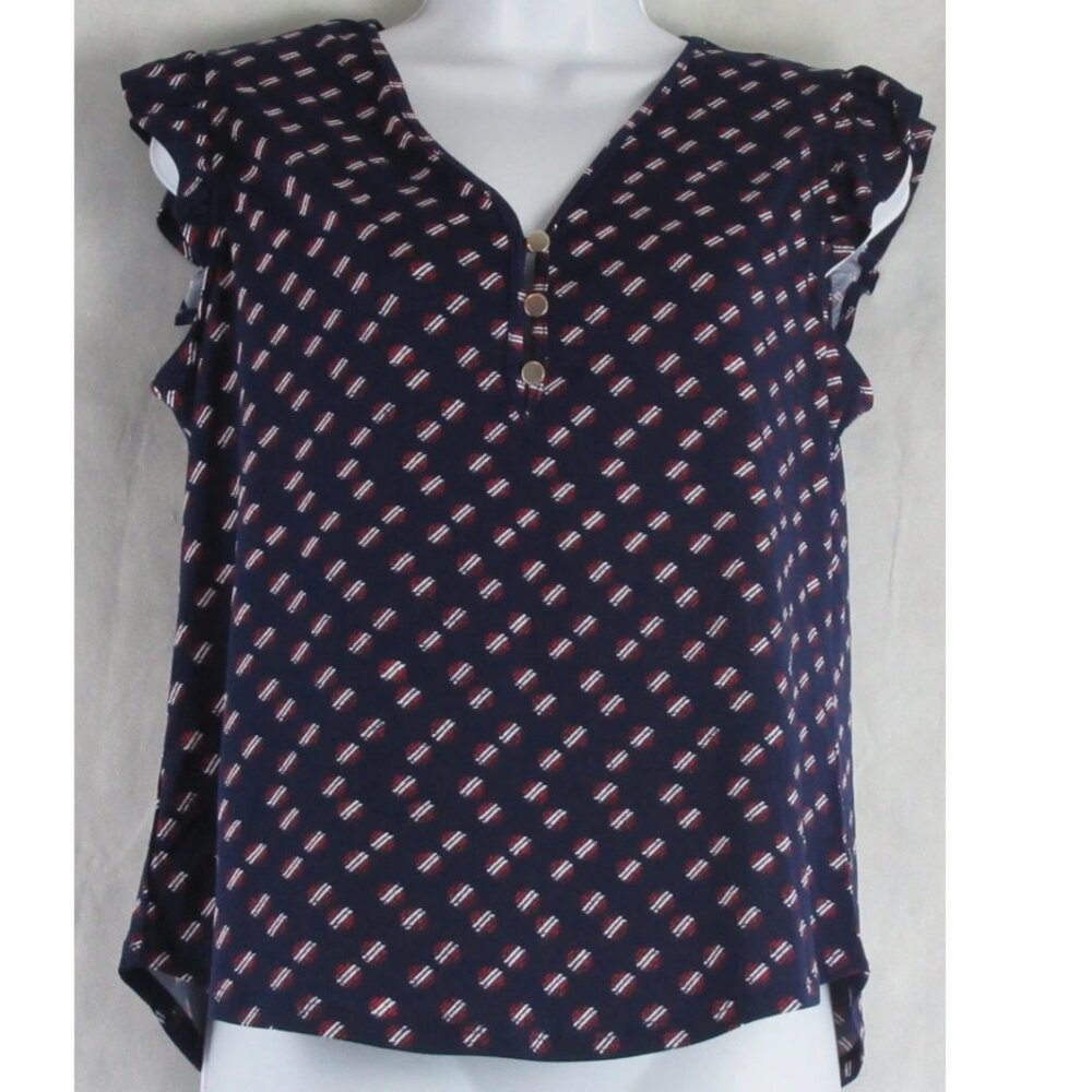 NWT Anne Klein Women's Petite V-Neck Flutter Sleeve Top, Blue Multi, PS